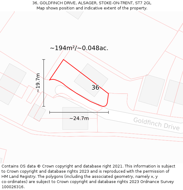 36, GOLDFINCH DRIVE, ALSAGER, STOKE-ON-TRENT, ST7 2GL: Plot and title map