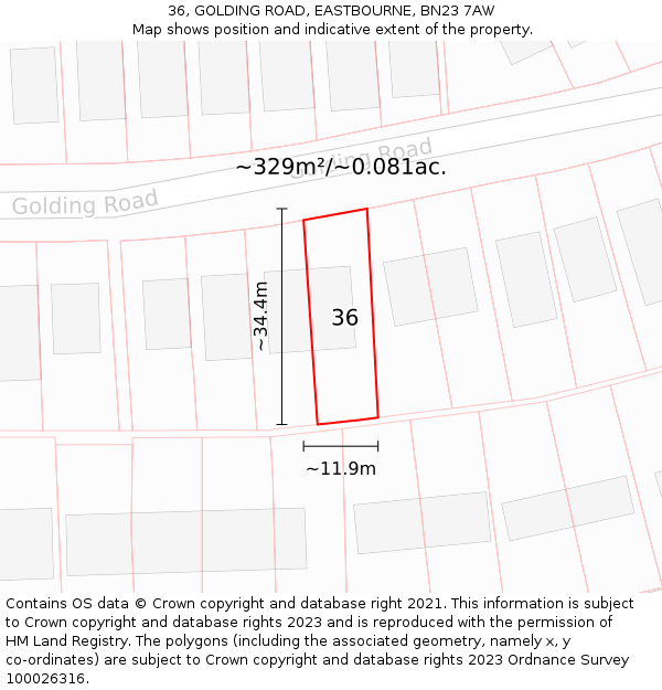 36, GOLDING ROAD, EASTBOURNE, BN23 7AW: Plot and title map