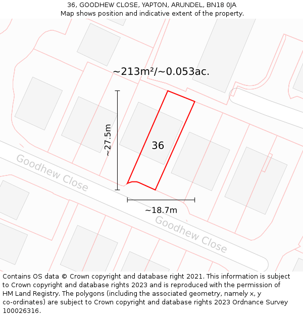 36, GOODHEW CLOSE, YAPTON, ARUNDEL, BN18 0JA: Plot and title map