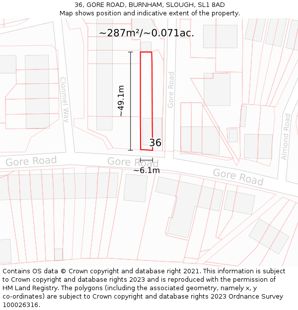 36, GORE ROAD, BURNHAM, SLOUGH, SL1 8AD: Plot and title map