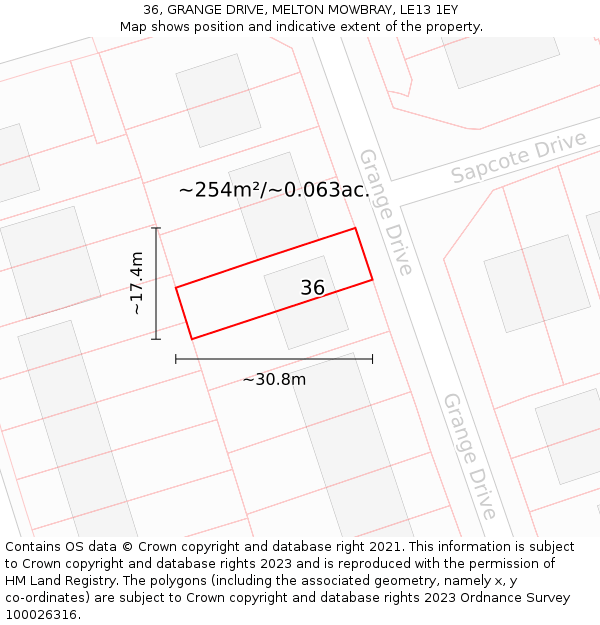 36, GRANGE DRIVE, MELTON MOWBRAY, LE13 1EY: Plot and title map