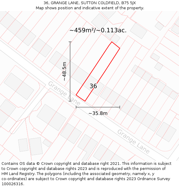 36, GRANGE LANE, SUTTON COLDFIELD, B75 5JX: Plot and title map