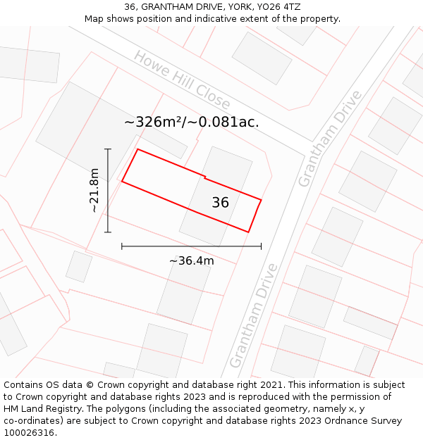 36, GRANTHAM DRIVE, YORK, YO26 4TZ: Plot and title map