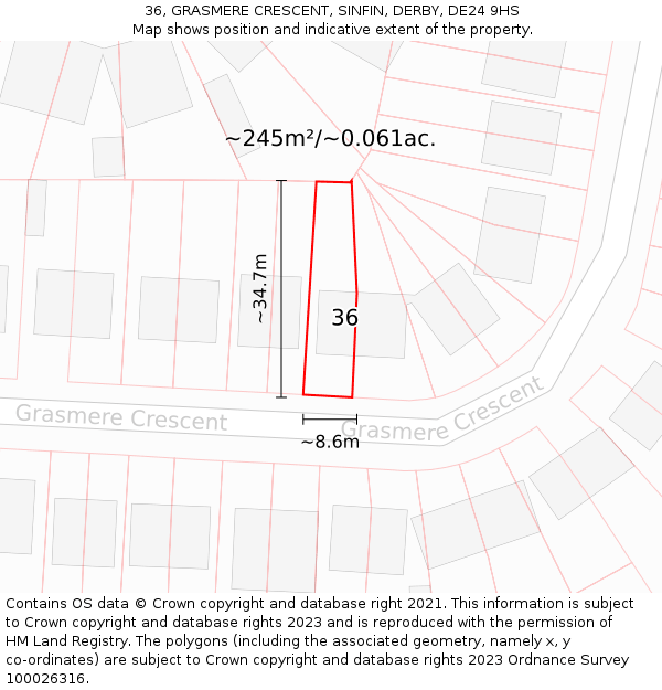 36, GRASMERE CRESCENT, SINFIN, DERBY, DE24 9HS: Plot and title map