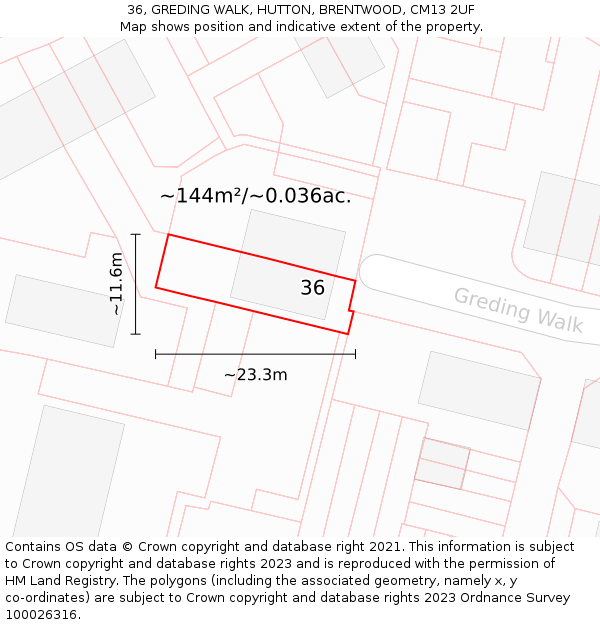 36, GREDING WALK, HUTTON, BRENTWOOD, CM13 2UF: Plot and title map