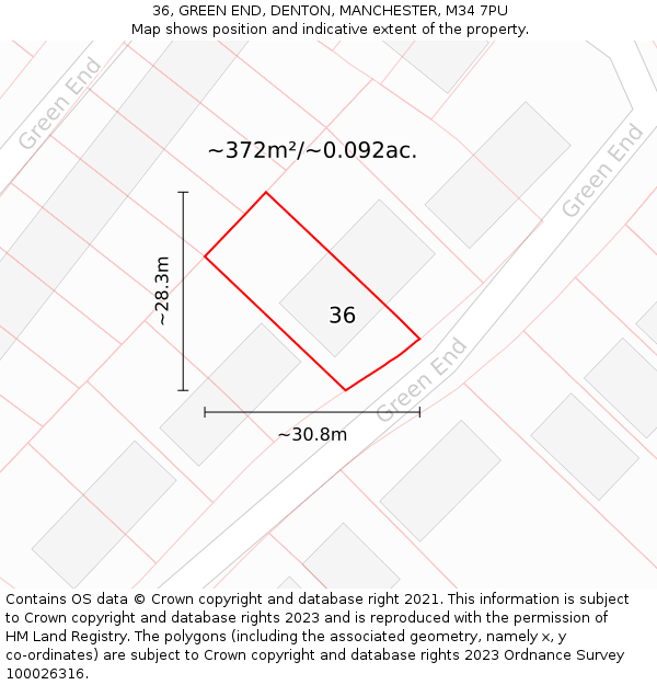 36, GREEN END, DENTON, MANCHESTER, M34 7PU: Plot and title map