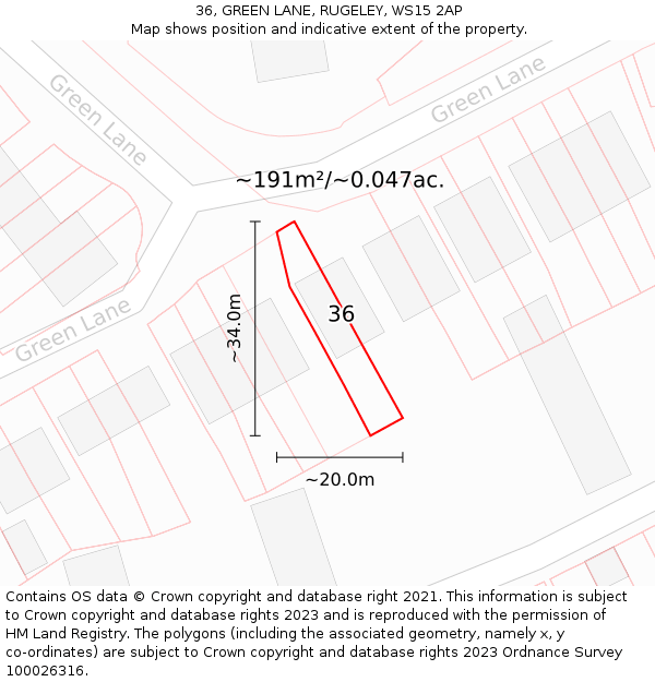 36, GREEN LANE, RUGELEY, WS15 2AP: Plot and title map
