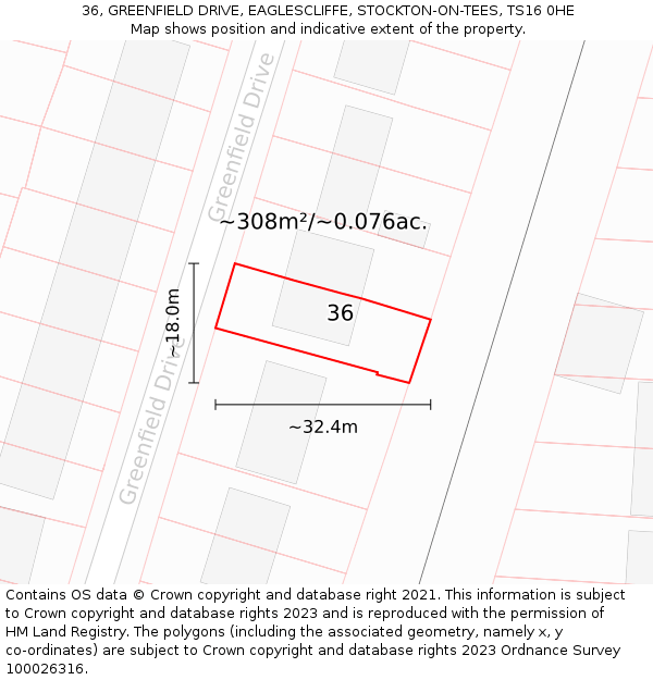 36, GREENFIELD DRIVE, EAGLESCLIFFE, STOCKTON-ON-TEES, TS16 0HE: Plot and title map