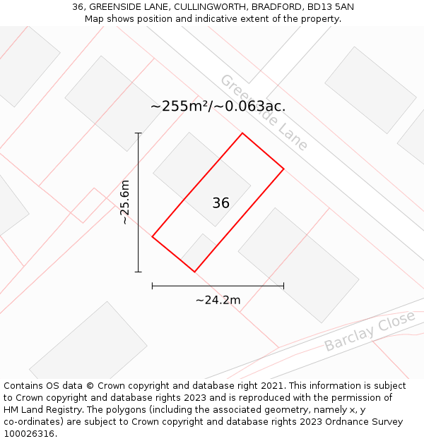 36, GREENSIDE LANE, CULLINGWORTH, BRADFORD, BD13 5AN: Plot and title map