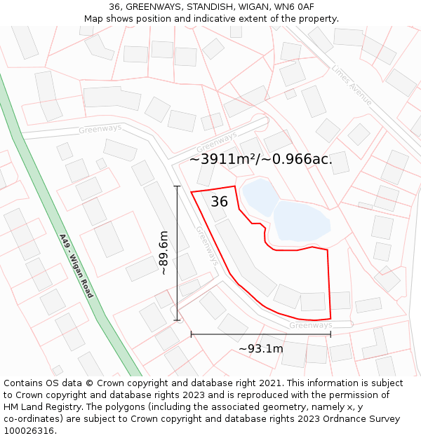 36, GREENWAYS, STANDISH, WIGAN, WN6 0AF: Plot and title map