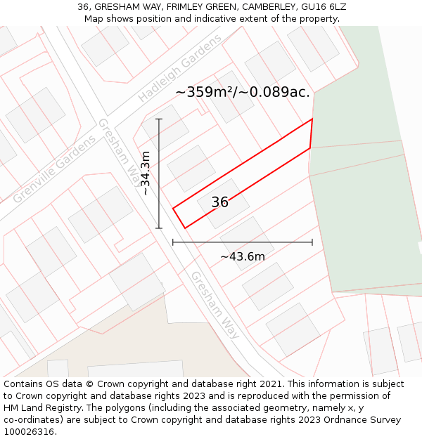 36, GRESHAM WAY, FRIMLEY GREEN, CAMBERLEY, GU16 6LZ: Plot and title map
