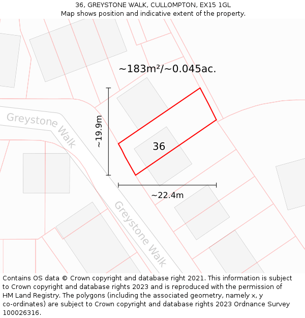 36, GREYSTONE WALK, CULLOMPTON, EX15 1GL: Plot and title map
