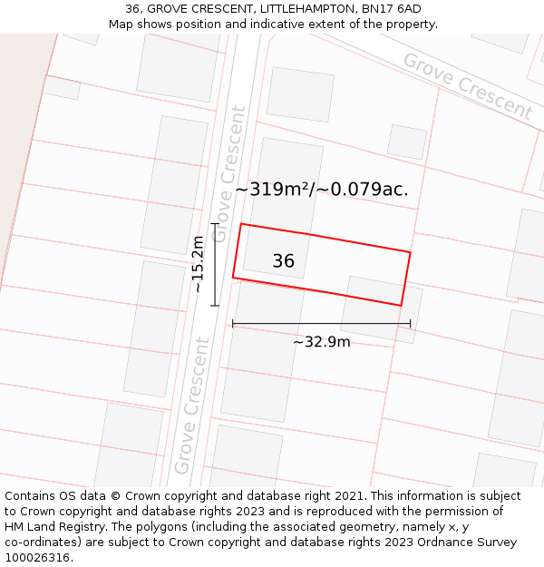 36, GROVE CRESCENT, LITTLEHAMPTON, BN17 6AD: Plot and title map