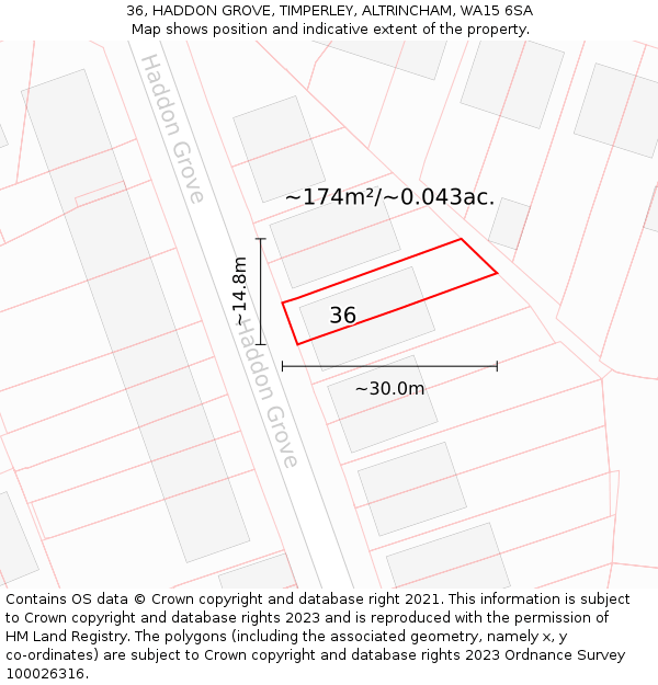 36, HADDON GROVE, TIMPERLEY, ALTRINCHAM, WA15 6SA: Plot and title map