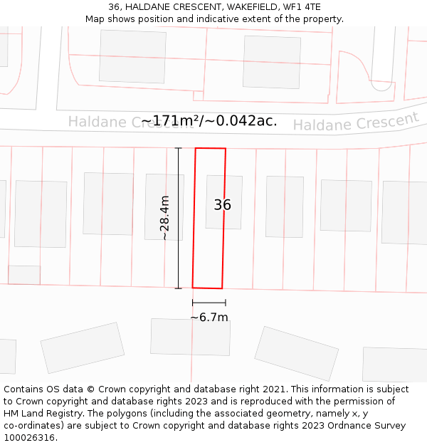 36, HALDANE CRESCENT, WAKEFIELD, WF1 4TE: Plot and title map