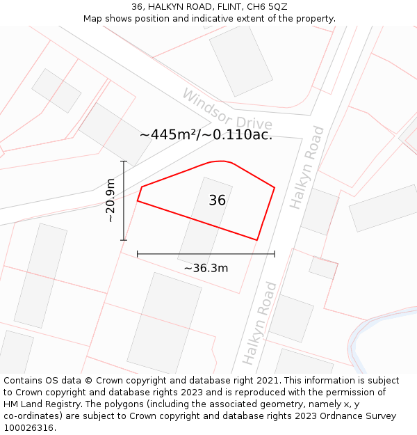 36, HALKYN ROAD, FLINT, CH6 5QZ: Plot and title map