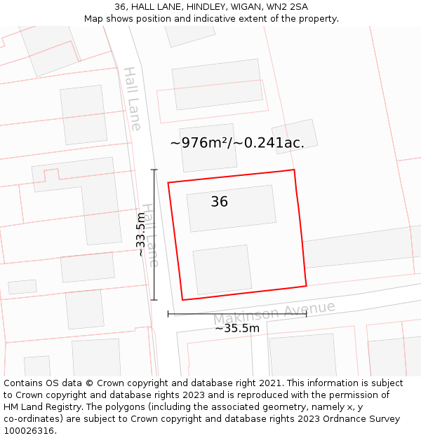 36, HALL LANE, HINDLEY, WIGAN, WN2 2SA: Plot and title map