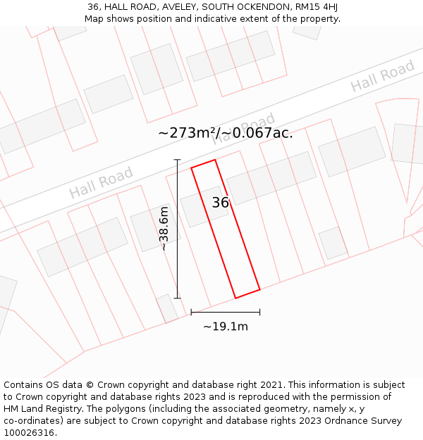 36, HALL ROAD, AVELEY, SOUTH OCKENDON, RM15 4HJ: Plot and title map