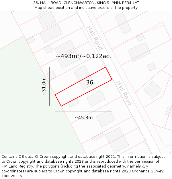 36, HALL ROAD, CLENCHWARTON, KING'S LYNN, PE34 4AT: Plot and title map