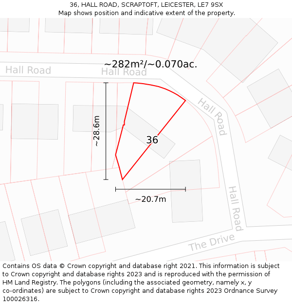36, HALL ROAD, SCRAPTOFT, LEICESTER, LE7 9SX: Plot and title map