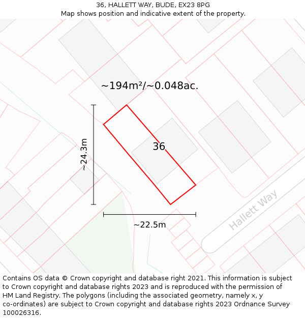 36, HALLETT WAY, BUDE, EX23 8PG: Plot and title map
