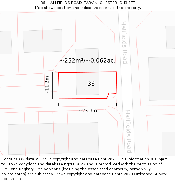 36, HALLFIELDS ROAD, TARVIN, CHESTER, CH3 8ET: Plot and title map