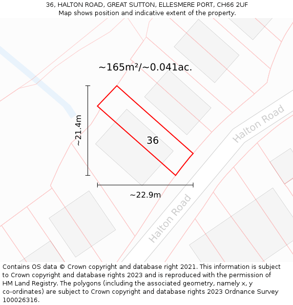 36, HALTON ROAD, GREAT SUTTON, ELLESMERE PORT, CH66 2UF: Plot and title map