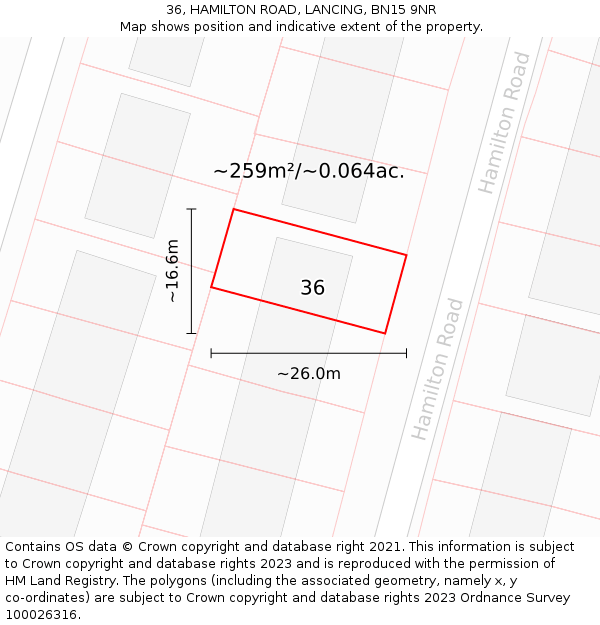 36, HAMILTON ROAD, LANCING, BN15 9NR: Plot and title map