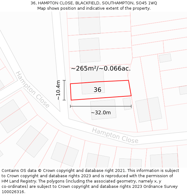 36, HAMPTON CLOSE, BLACKFIELD, SOUTHAMPTON, SO45 1WQ: Plot and title map