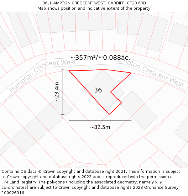 36, HAMPTON CRESCENT WEST, CARDIFF, CF23 6RB: Plot and title map