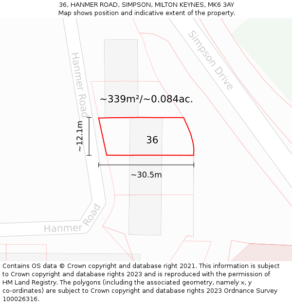 36, HANMER ROAD, SIMPSON, MILTON KEYNES, MK6 3AY: Plot and title map