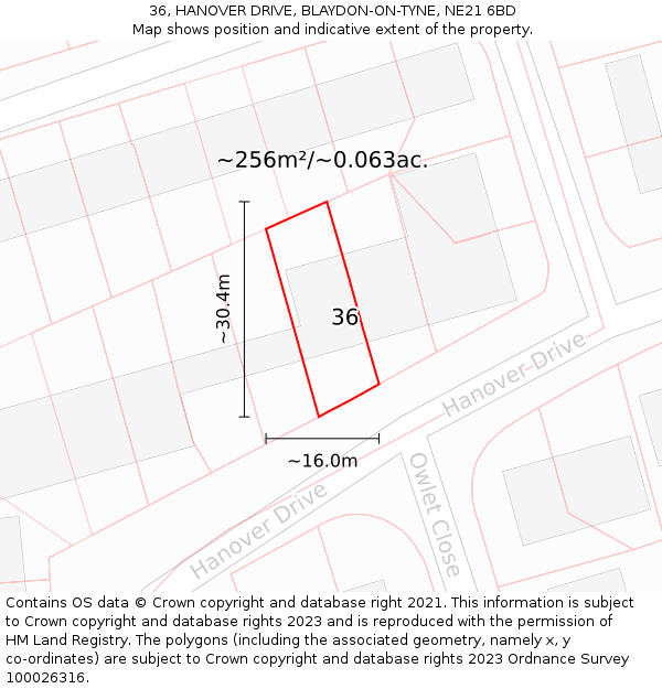 36, HANOVER DRIVE, BLAYDON-ON-TYNE, NE21 6BD: Plot and title map