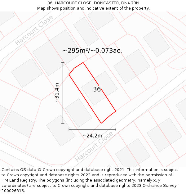 36, HARCOURT CLOSE, DONCASTER, DN4 7RN: Plot and title map