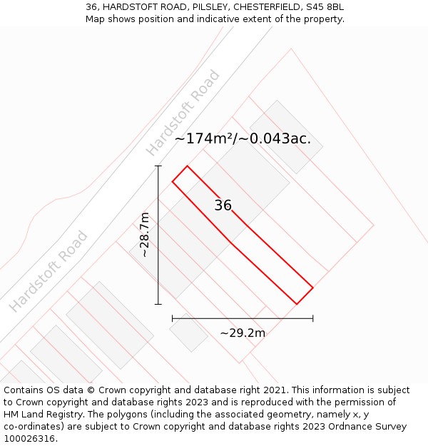 36, HARDSTOFT ROAD, PILSLEY, CHESTERFIELD, S45 8BL: Plot and title map