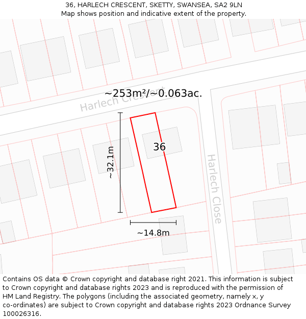 36, HARLECH CRESCENT, SKETTY, SWANSEA, SA2 9LN: Plot and title map