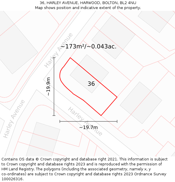 36, HARLEY AVENUE, HARWOOD, BOLTON, BL2 4NU: Plot and title map
