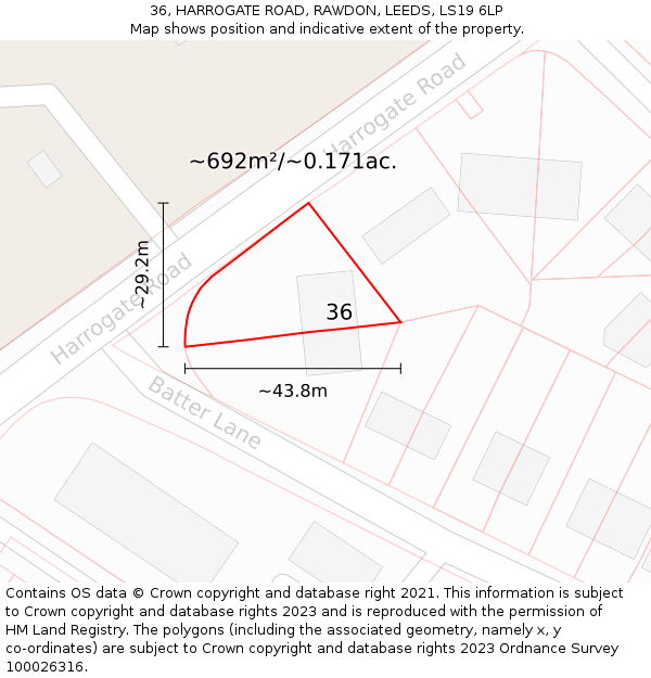 36, HARROGATE ROAD, RAWDON, LEEDS, LS19 6LP: Plot and title map