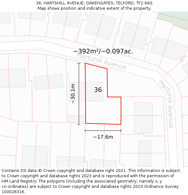 36, HARTSHILL AVENUE, OAKENGATES, TELFORD, TF2 6AS: Plot and title map