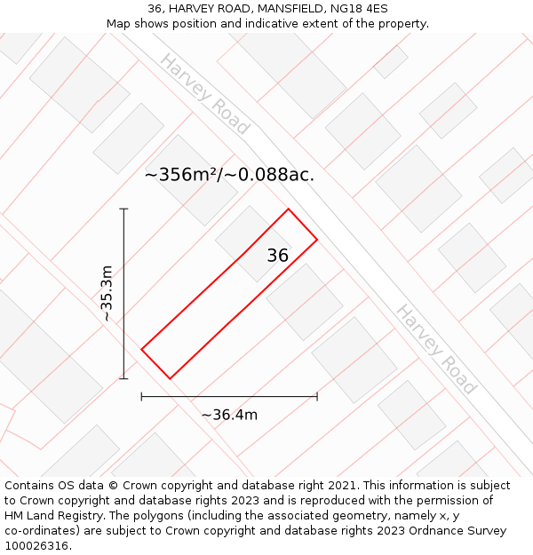 36, HARVEY ROAD, MANSFIELD, NG18 4ES: Plot and title map