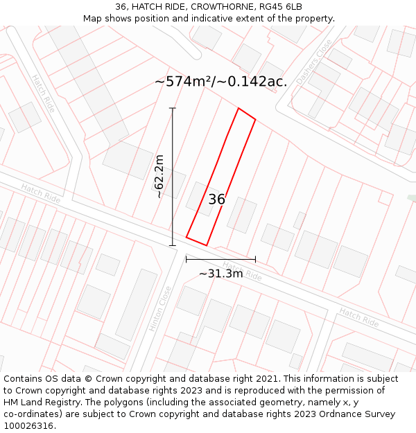 36, HATCH RIDE, CROWTHORNE, RG45 6LB: Plot and title map