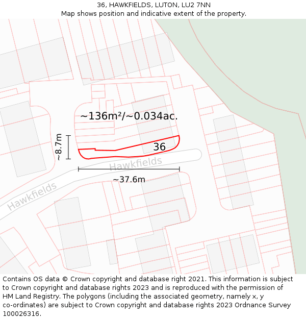 36, HAWKFIELDS, LUTON, LU2 7NN: Plot and title map