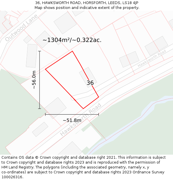 36, HAWKSWORTH ROAD, HORSFORTH, LEEDS, LS18 4JP: Plot and title map