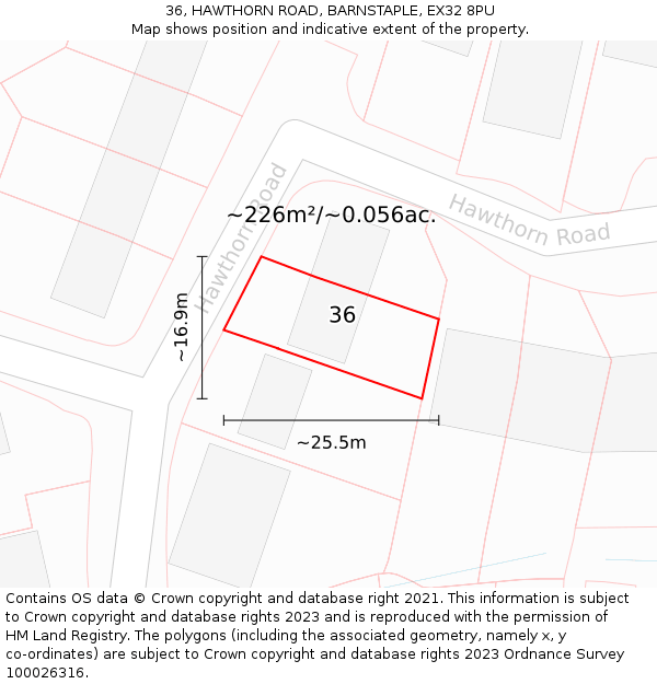 36, HAWTHORN ROAD, BARNSTAPLE, EX32 8PU: Plot and title map