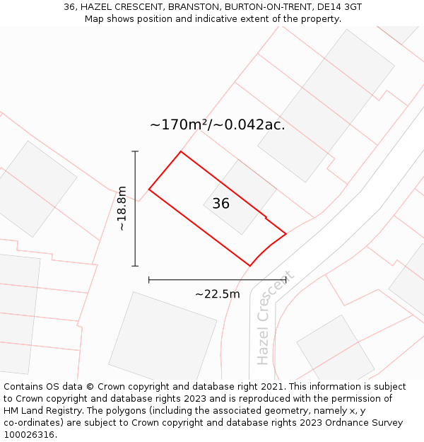 36, HAZEL CRESCENT, BRANSTON, BURTON-ON-TRENT, DE14 3GT: Plot and title map