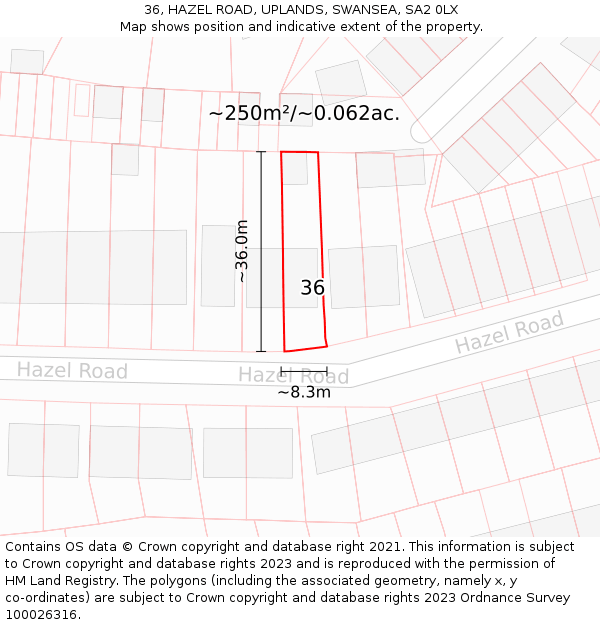 36, HAZEL ROAD, UPLANDS, SWANSEA, SA2 0LX: Plot and title map