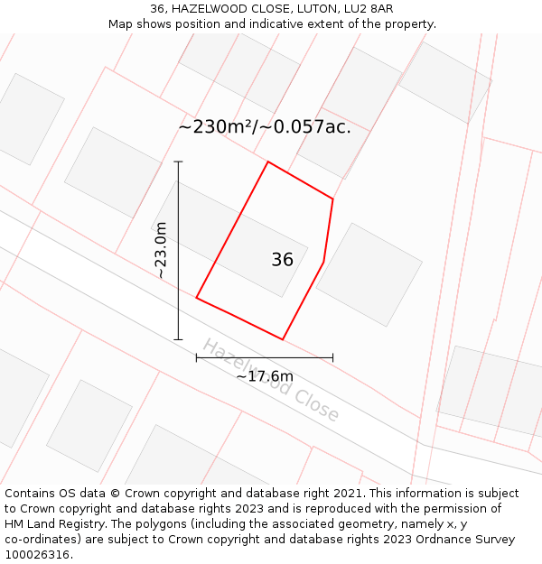 36, HAZELWOOD CLOSE, LUTON, LU2 8AR: Plot and title map