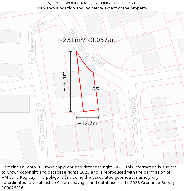 36, HAZELWOOD ROAD, CALLINGTON, PL17 7EU: Plot and title map