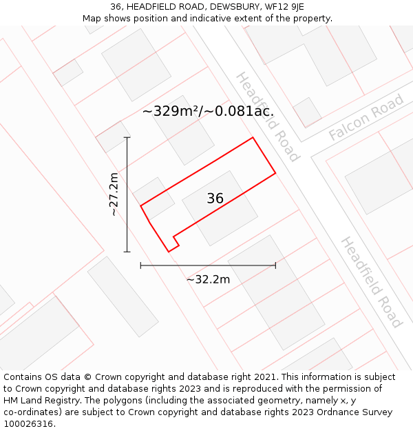 36, HEADFIELD ROAD, DEWSBURY, WF12 9JE: Plot and title map