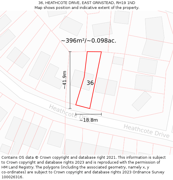 36, HEATHCOTE DRIVE, EAST GRINSTEAD, RH19 1ND: Plot and title map
