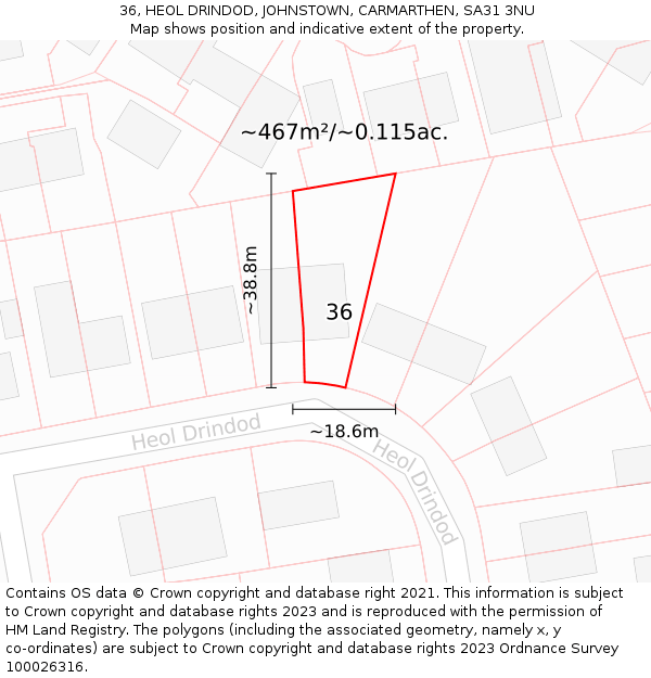 36, HEOL DRINDOD, JOHNSTOWN, CARMARTHEN, SA31 3NU: Plot and title map